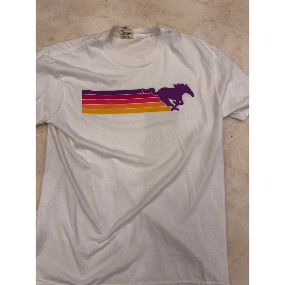 Comfort Colors White Retro Horse Sunset Stripe Graphic T-Shirt Mens Large L T176